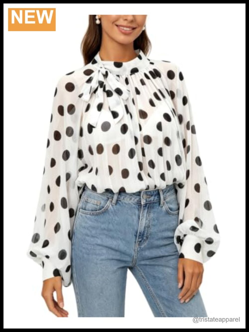 Women Polka Dot Puff Long Sleeve Sheer Blouse Loose Top